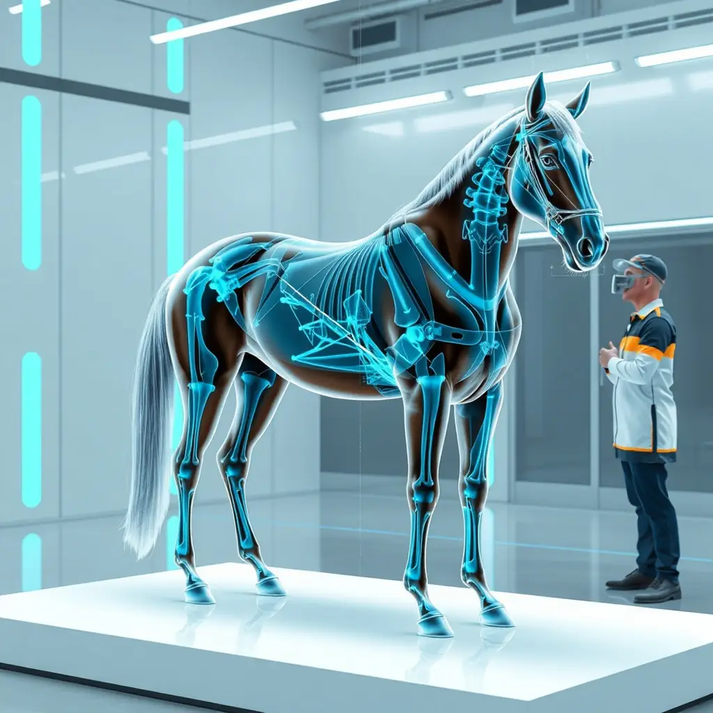 An image of a horse being analyzed via high-resolution video with overlayed diagnostic graphics, highlighting the AI system in action. The image should convey precision, technology, and the horse's well-being.