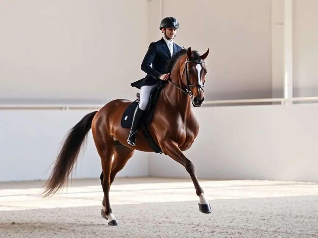 A high-resolution image of a dressage horse performing a complex movement with grace and precision, showcasing the peak of athletic ability and control. The horse appears calm and focused, highlighting the benefits of the Sovereign System.