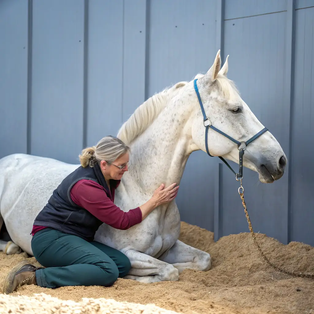 A split image. On the left, a horse exhibiting signs of tension (braced neck, tight muscles). On the right, the same horse or a similar horse showing relaxation and softness (relaxed posture, soft eye). The background should be a high-end stable or training facility.