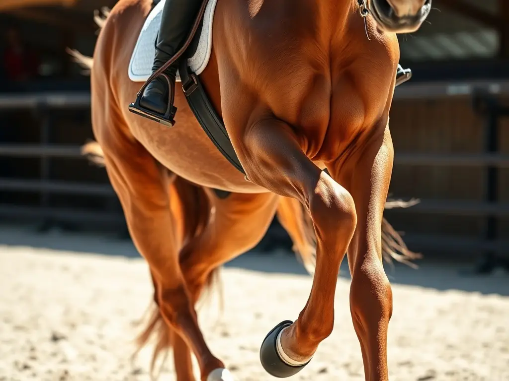 A detailed close-up shot of a horse's leg muscles during a training session, highlighting the biomechanical forces at play. The image should convey precision and scientific analysis.
