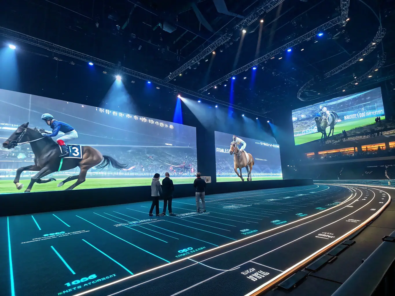 An AI interface displaying real-time data analysis of a horse's movement, with graphs and charts illustrating key biomechanical metrics. The image should convey technological sophistication and data-driven insights.