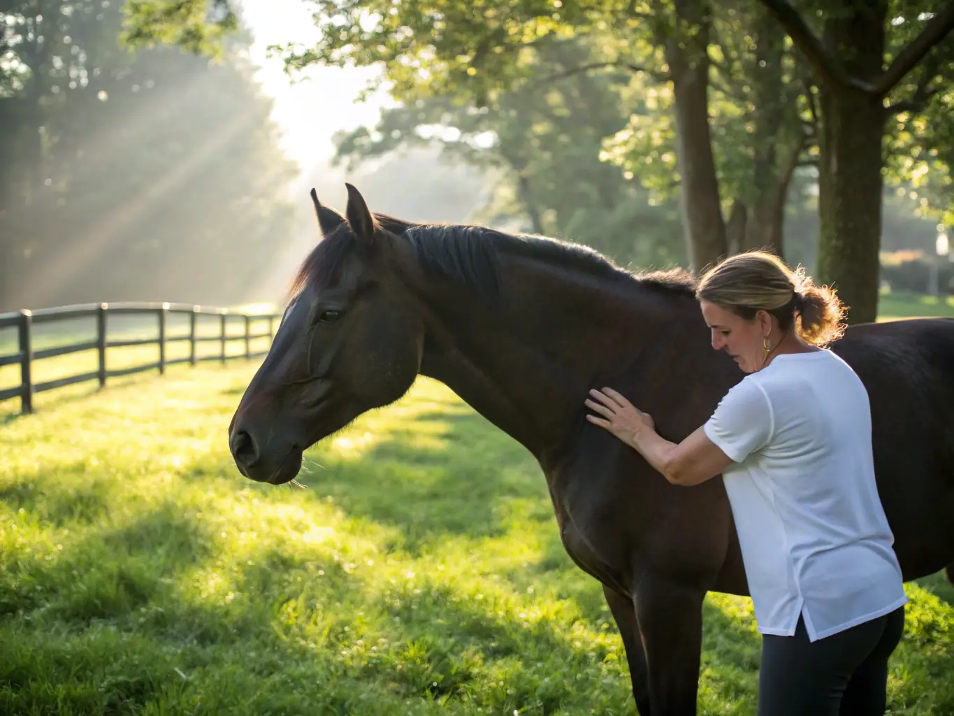 A close-up shot of an ex-racehorse undergoing rehabilitation, focusing on its relaxed posture and the gentle guidance of a trainer. The background shows a serene, green pasture.