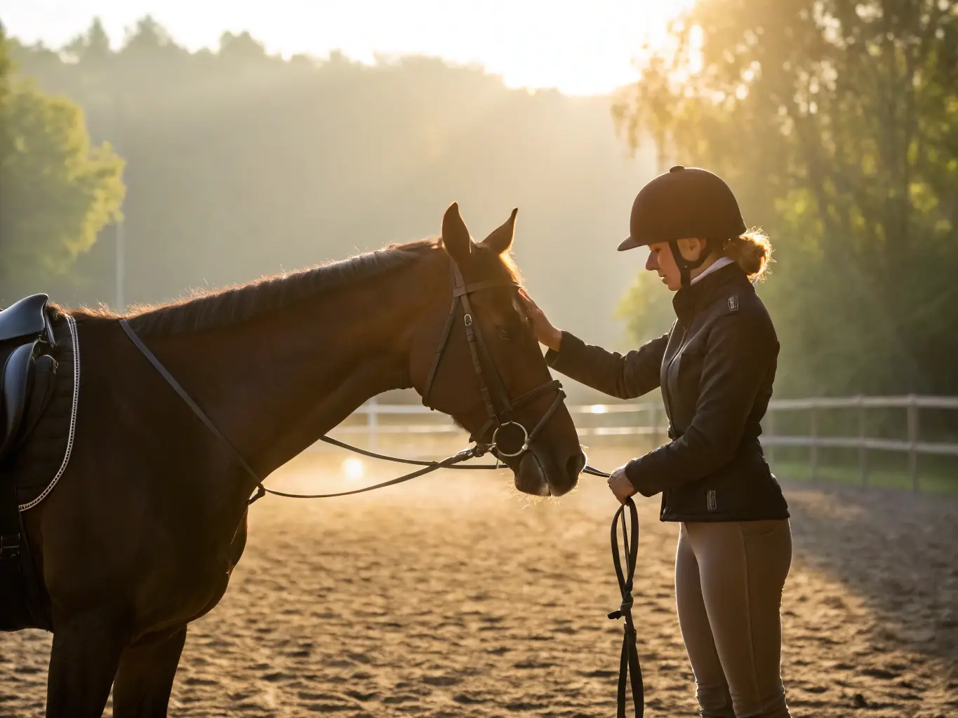A heartwarming image of a horse and rider sharing a moment of connection and trust. The horse appears relaxed and content, reflecting the positive impact of the Sovereign System on its overall well-being and emotional state.