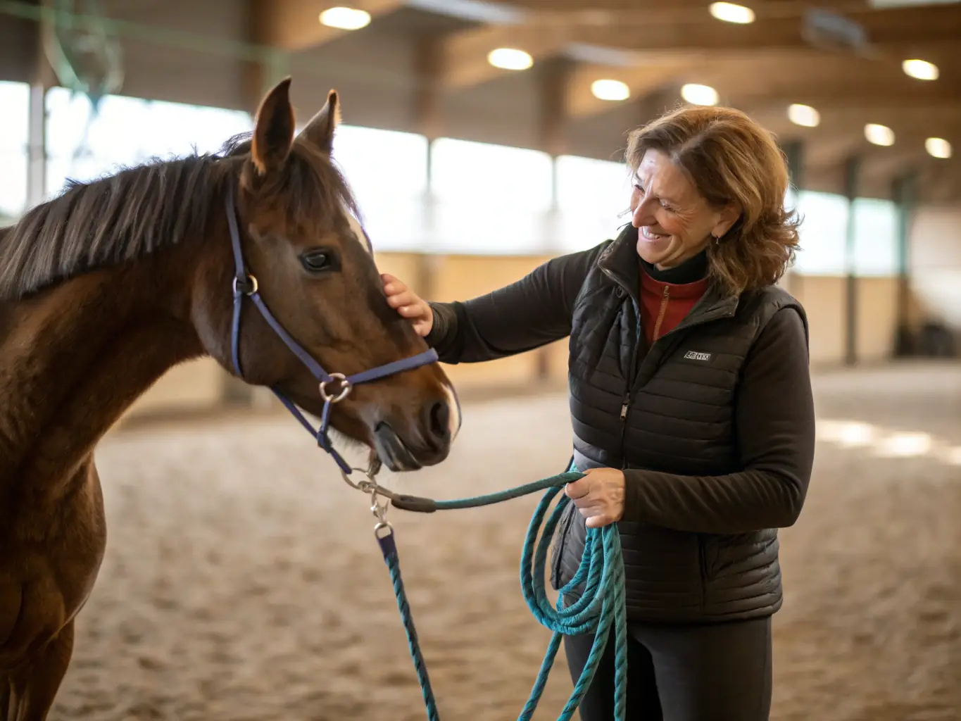 A professional equestrian trainer reviewing data on a tablet while observing a horse, highlighting the integration of technology and expertise in the CPD certification program.